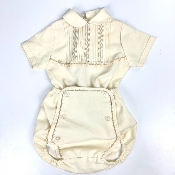 VINTAGE 1970s Baby Sz 6 Months Ivory Cottage Button Classic Bobby Suit One Piece - Picture 5 of 10